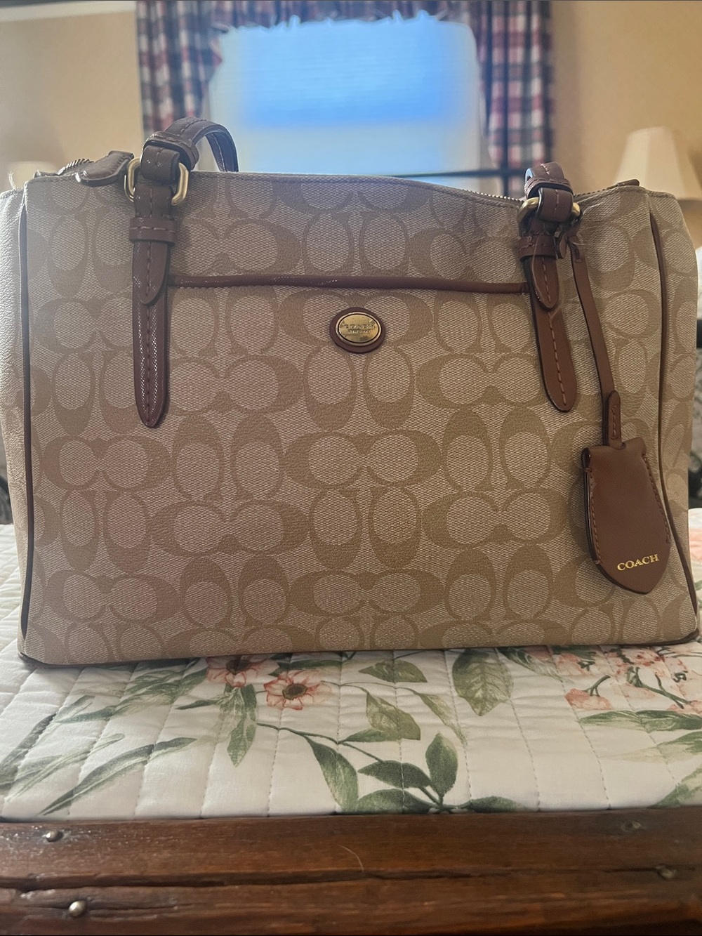 Coach Peyton Khaki and Brown Signature Jordan Double Zip Carry All Tote